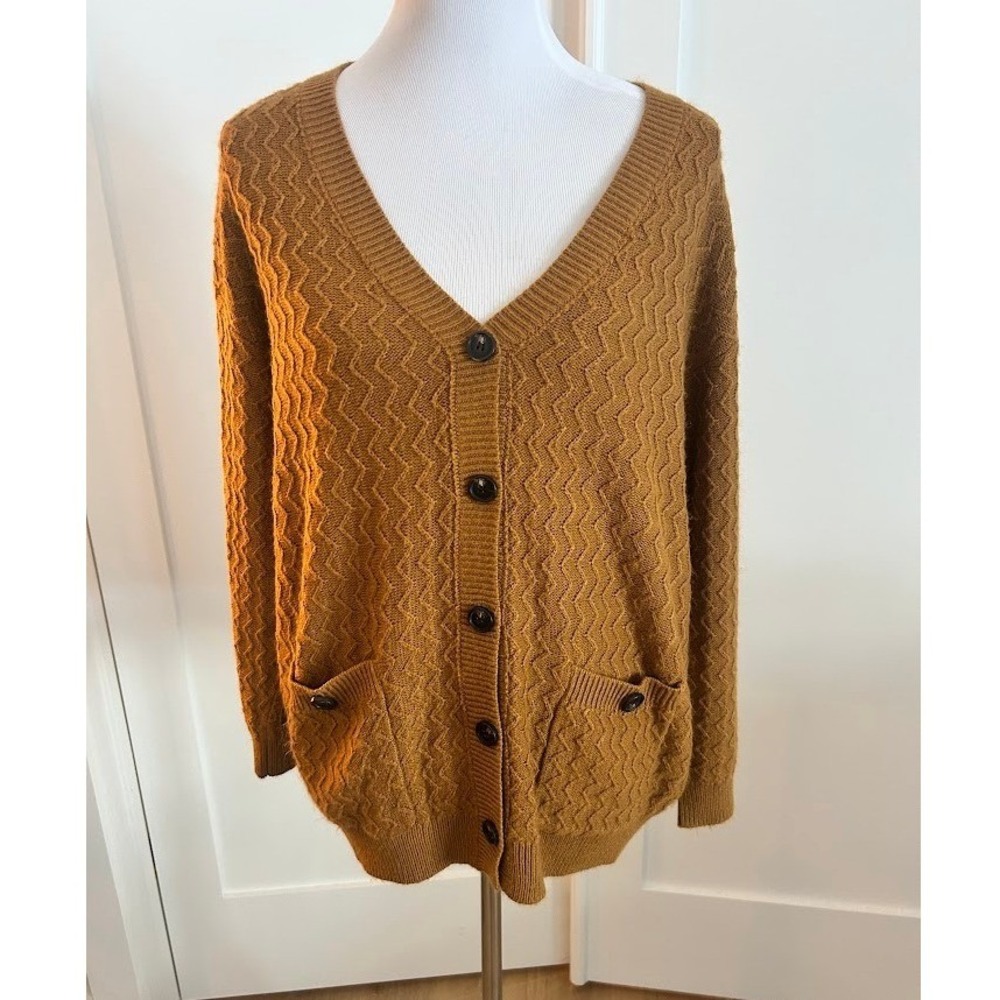 Bloomchic Mustard‎ Yellow Chevron Knit Cardigan Pockets Buttons Women Size 14-16